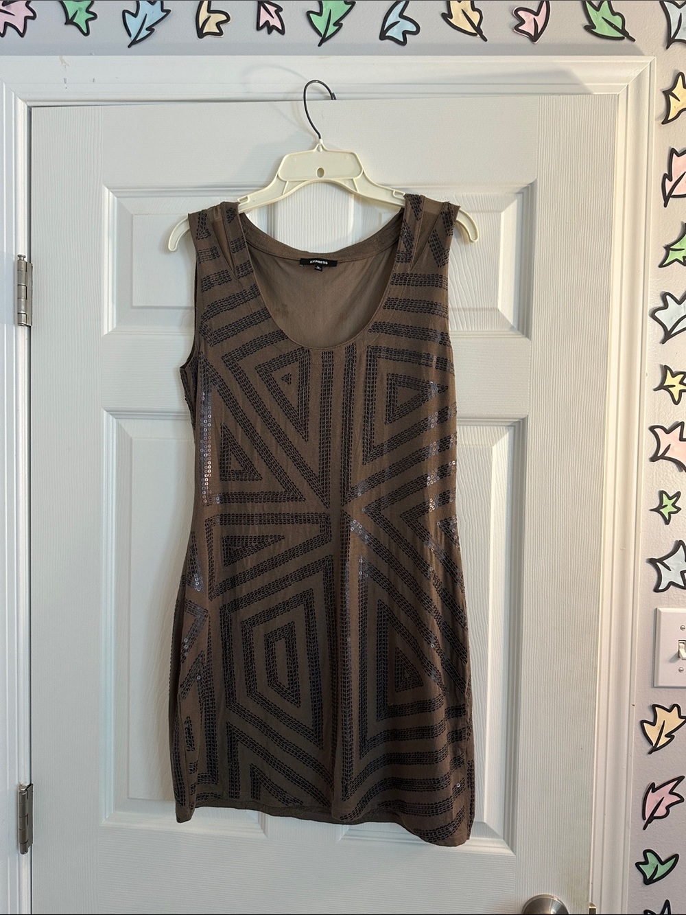 Express Brown Geometric Sequin Sleeveless Dress